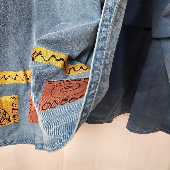 Vintage Denim Outfit 2 Piece Set Large Long Shirt Skirt Jean Blue Fall Leaf Puff - Picture 7 of 16